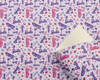 White with pink & purple Barbie pattern, faux leather sheet, synthetic leather for crafts, bows, earrings, beading