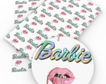 Multi-coloured Barbie with lips pattern, faux leather sheet, synthetic leather for crafts, bows, earrings, beading