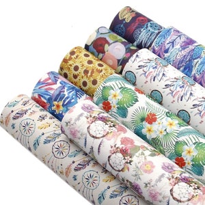 May include: A set of eight patterned faux leather sheets featuring various floral and dreamcatcher designs. The sheets are in shades of blue, green, pink, yellow, and white.