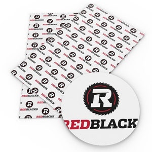 May include: White fabric with a repeating pattern of a red "R" inside a black circle with a red sawtooth border and the text "REDBLACKS".