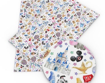 Disney collage pattern faux leather sheet, synthetic leather for crafts, bows, earrings, beading, Disney, heart