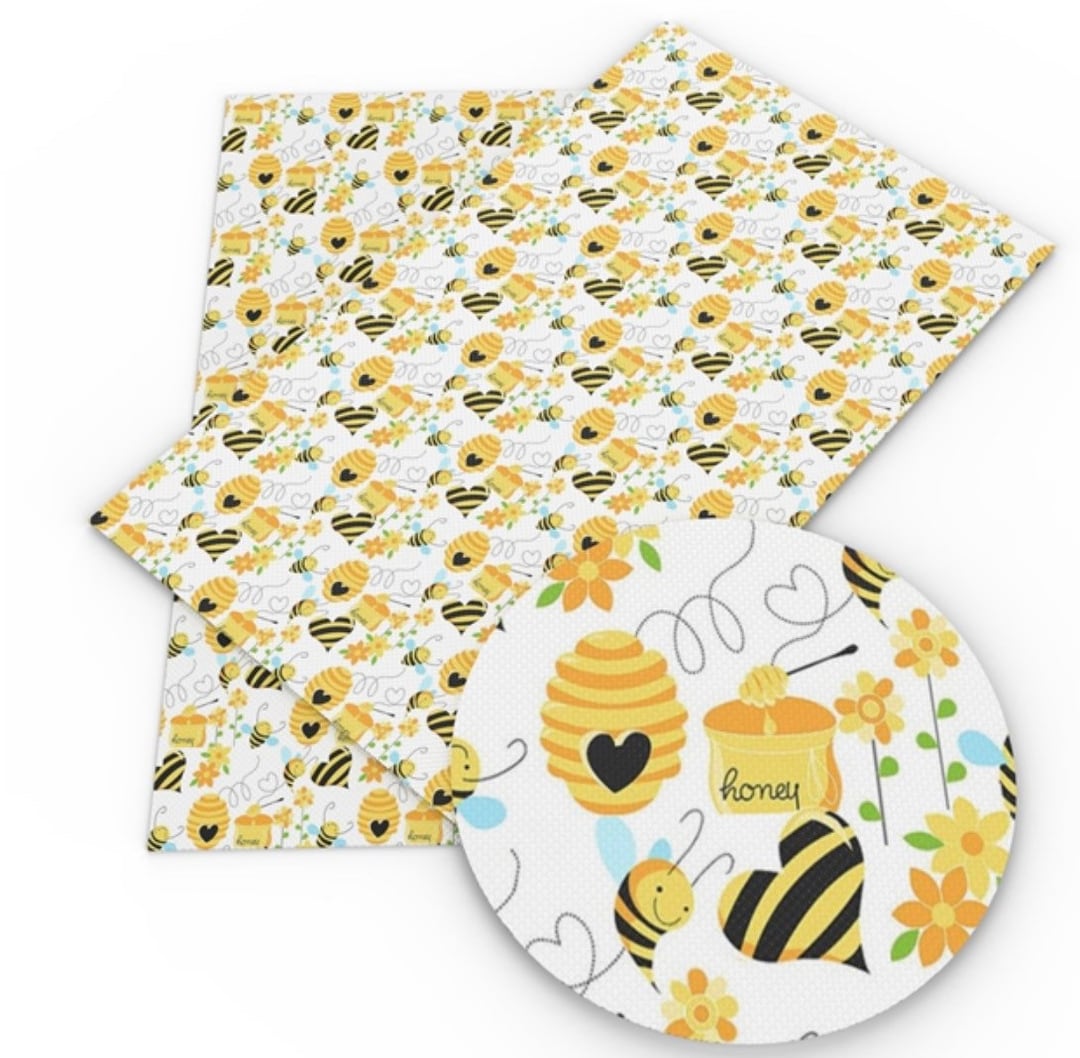 Honey Bee Pattern Faux Leather Sheet, Floral Synthetic Leather, Vegan ...