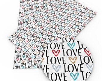 May include: White background with a repeating pattern of the word "LOVE" in black text with a colorful heart in the center of each word. The hearts are red, blue, yellow, and gray.