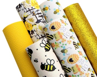 Honey bee bundle, faux leather sheet, floral synthetic leather, vegan leather for crafts, bows, earrings, beading, spring, floral