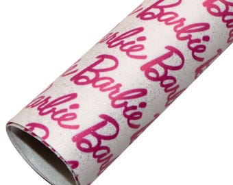 White with pink Barbie pattern, faux leather sheet, synthetic leather for crafts, bows, earrings, beading