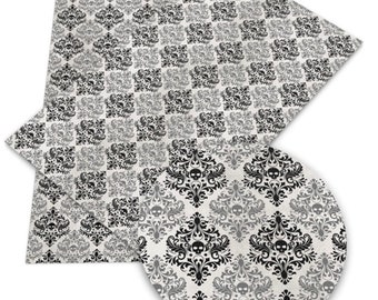 Black and gray damask pattern faux leather sheet, synthetic leather, vegan leather for crafts, bows, earrings, beading