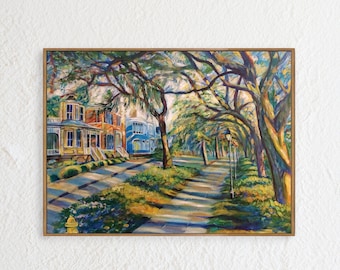 Peut inclure: Une peinture représentant une rue bordée d'arbres et de maisons. Les maisons sont peintes dans des tons de jaune, bleu et rouge. Les arbres sont verts et ont de longues branches qui créent une canopée au-dessus de la rue. La rue est pavée et a un trottoir de chaque côté. La peinture est réalisée dans un style réaliste et capture la beauté d'un quartier calme.
