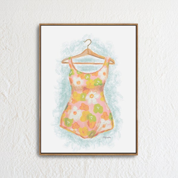 Retro Pink Flower Power Bathing Suit Art Print by Kitty Smothers