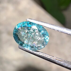 May include: An oval-shaped, teal gemstone held by tweezers. The gem has internal inclusions and a shimmering, iridescent quality. The background is blurred, with hints of green foliage and a gray surface.