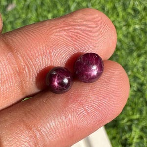 Puede incluir: Dos gemas redondas y pulidas de rubí estrella. Las gemas son de color burdeos intenso con un efecto de estrella de seis rayos visible en su superficie. Las gemas se sostienen entre los dedos.
