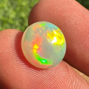 May include: A round, iridescent opal gemstone. The opal displays a play of color with flashes of yellow, green, orange, and blue. The gemstone is held between two fingers, with a blurred green background.