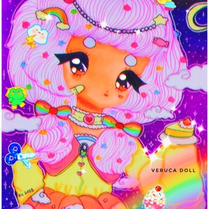 90s Anime Rainbow Bunny Decora Art Print- Sizes: 5x7, 8x10, 16x20