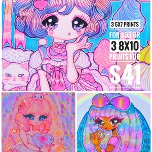 Cute 90s Anime Art Print Set- Three 5x7 Prints OR Three 8x10 Prints
