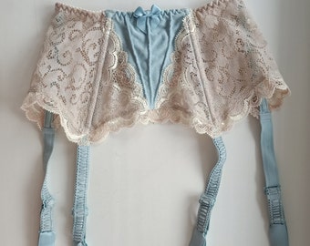 AUBADE Beige Blue Wide lace Garter Belt XS French Lingerie