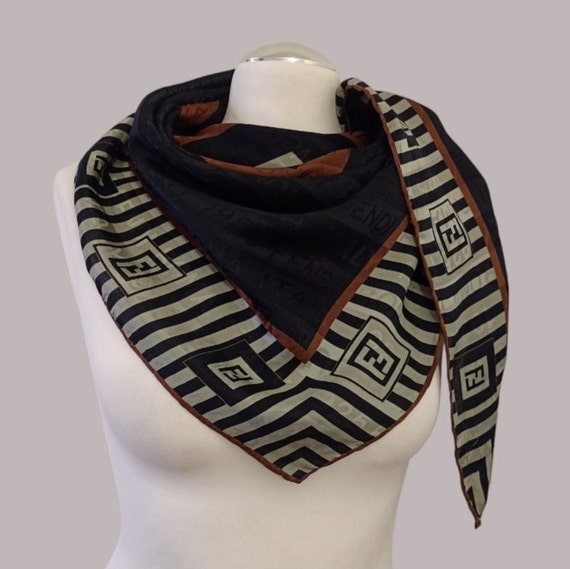 FENDI Black silk square scarf logo stripe print 8… - image 1