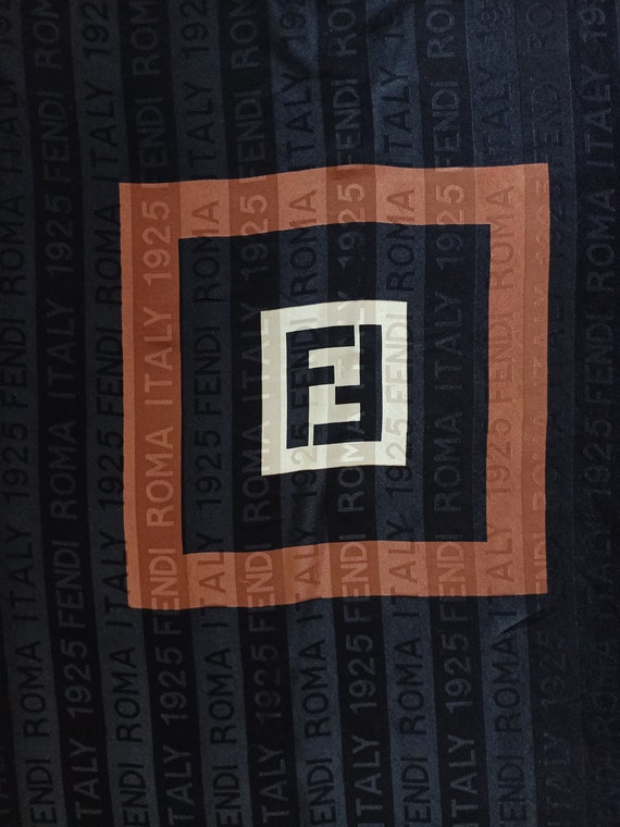 FENDI Black silk square scarf logo stripe print 8… - image 7