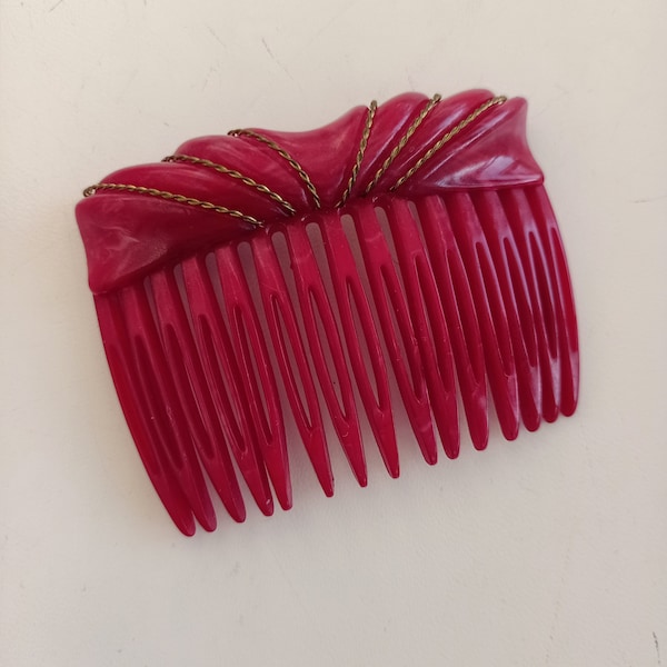 Alexandre de Paris Red Hair Comb With Gold Threading, Deadstock