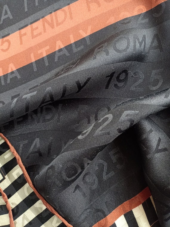 FENDI Black silk square scarf logo stripe print 8… - image 6