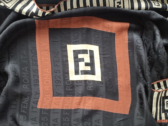 FENDI Black silk square scarf logo stripe print 8… - image 4