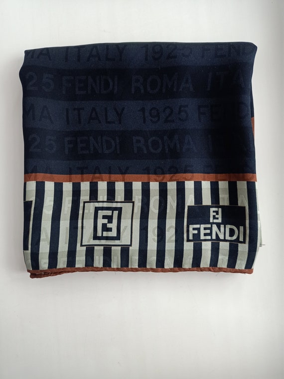 FENDI Black silk square scarf logo stripe print 8… - image 3