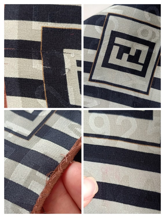 FENDI Black silk square scarf logo stripe print 8… - image 10