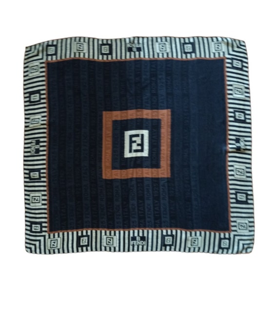 FENDI Black silk square scarf logo stripe print 8… - image 2