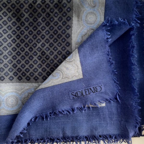 SOULEIADO Charles Demery XL Gray Blue wool scarf shawl geometric paisley print