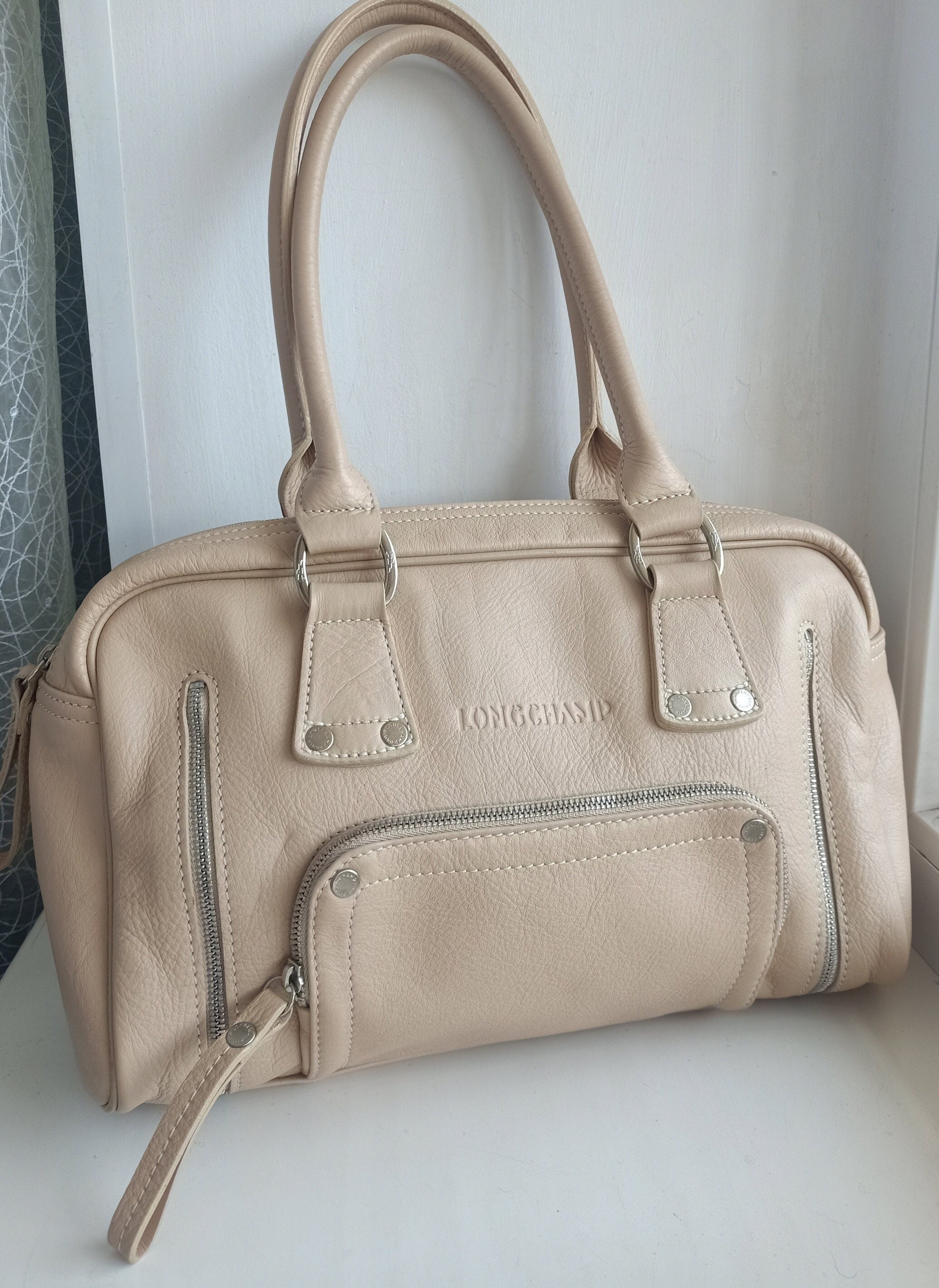 Longchamp Vintage Messenger Bag Shoulder Strap Leather Granulated Brown