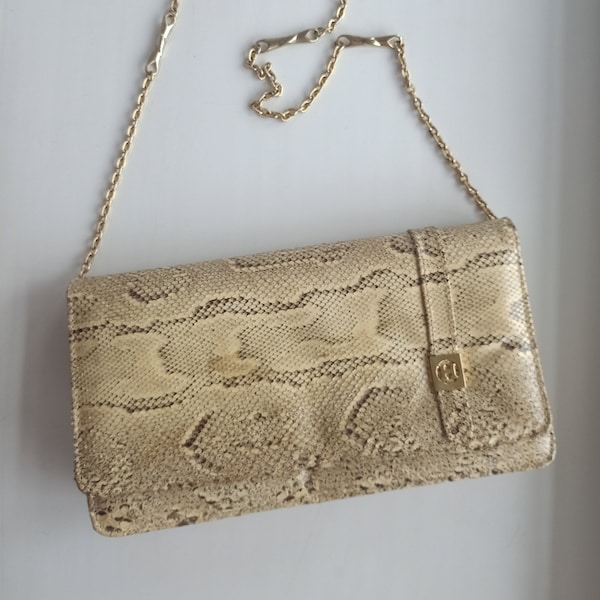 vintage beidge marron Exotic Snake Skin Purse Sac à bandoulière Gold Chain | Mignon Tan Brown Clutch \ Beige embrayage structuré