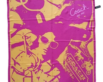 COACH pink yellow silk square scarf 68*69 cm abstract monogram