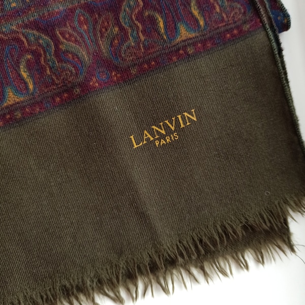 LANVIN PARIS Olive Green Violet wool mens long scarf paisley print 150*48 cm