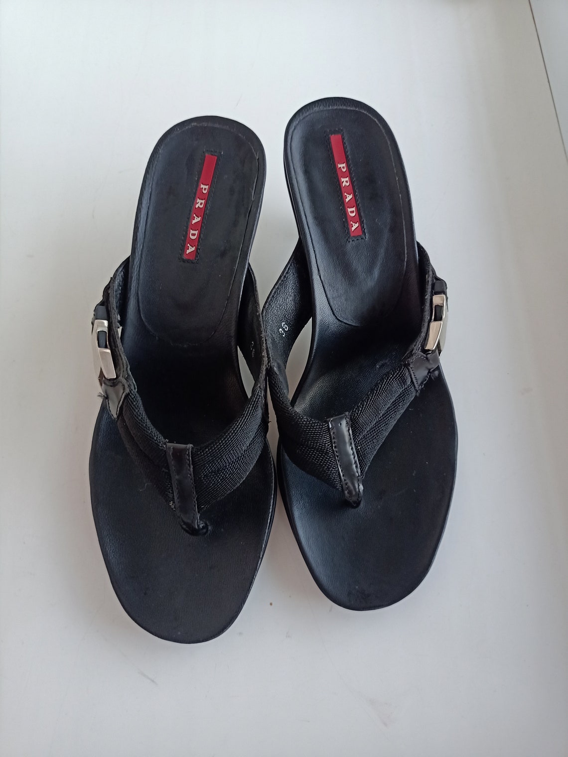 PRADA vintage shoes Size EUR 36 /Black leather flip flops | Etsy