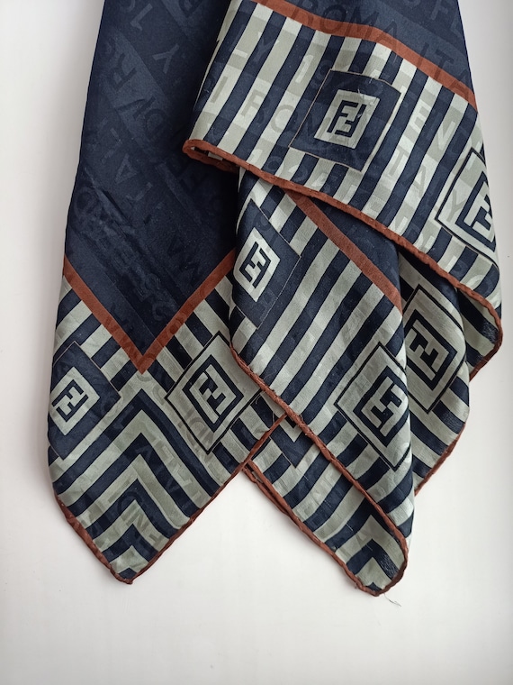 FENDI Black silk square scarf logo stripe print 8… - image 5
