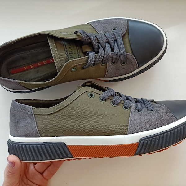 PRADA Olive green black gray men sneakers leather fabric UK 7 |Us 8 |Eur 41