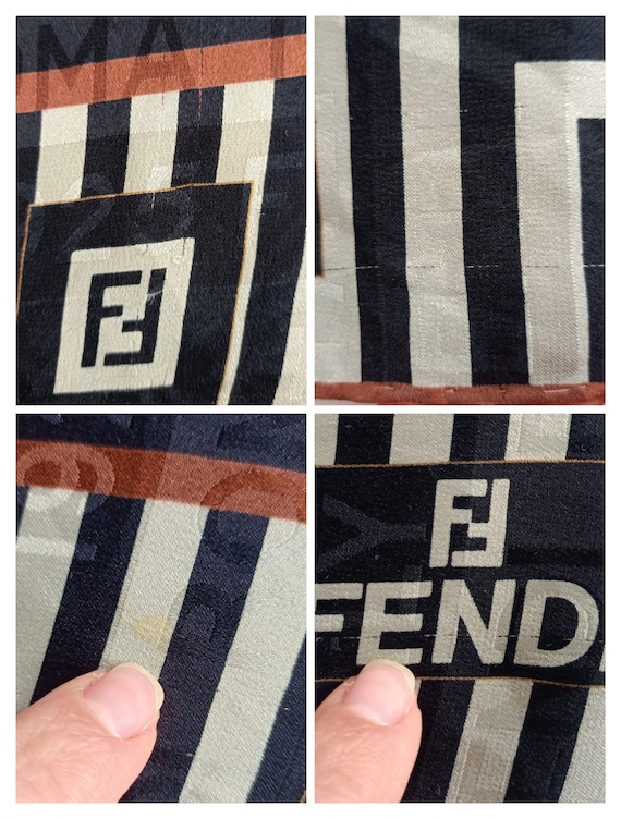 FENDI Black silk square scarf logo stripe print 8… - image 9