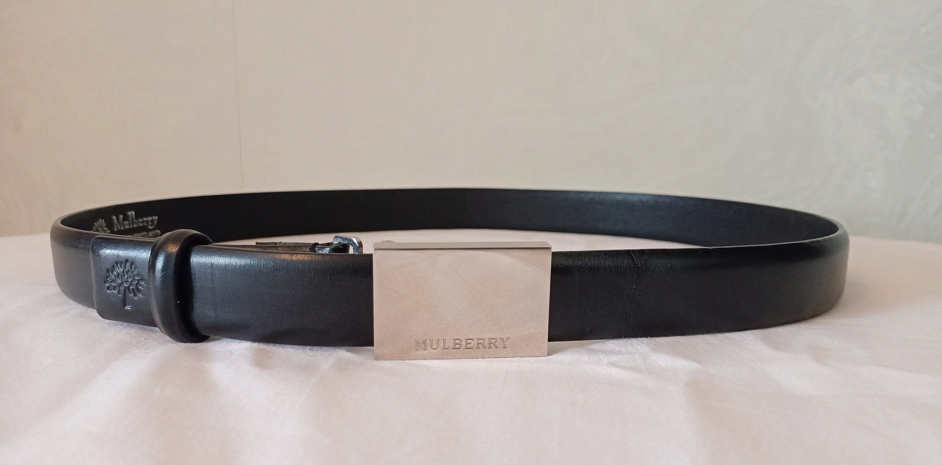 Mulberry England black leather belt with silver tone logo | Etsy