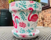 Flamingo plant pot, hand painted plant pot, flamingos gifts, plant pots with saucer, indoor plants, Christmas plants, flamingo plants,