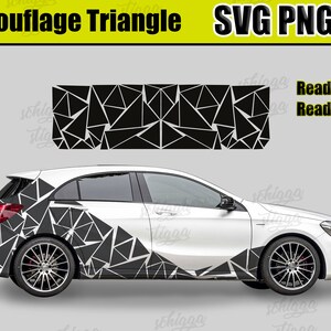 Könnte beinhalten: Weißes Auto mit schwarzem geometrischem Tarnungs-Dreieck-Design. Das Design wird auch separat gezeigt. Der Text auf dem Bild lautet "Camouflage Triangle SVG PNG" und "Ready to Print Ready to Cut".