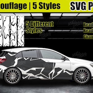 May include: A white car featuring a black camouflage pattern. The image displays five distinct camouflage styles. Text includes "Camouflage | 5 Styles SVG PNG", "5 Different Styles", "Ready to Print", "Ready to Cut", and "Change Color".