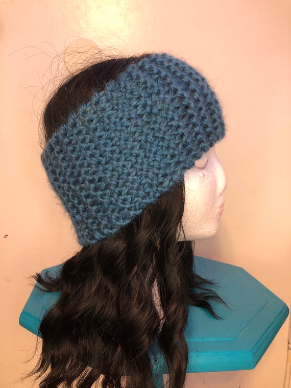 Vintage royal blue knit beaded ear warmer hat Knit Beaded Wool Headband: Navy Blue Turban Ear Warmer - Etsy main image 4