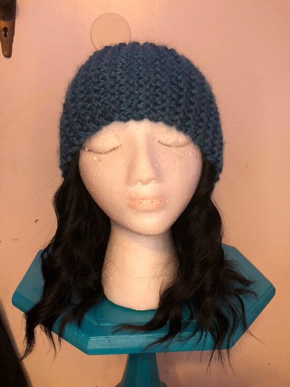 Vintage royal blue knit beaded ear warmer hat Knit Beaded Wool Headband: Navy Blue Turban Ear Warmer - Etsy main image 2