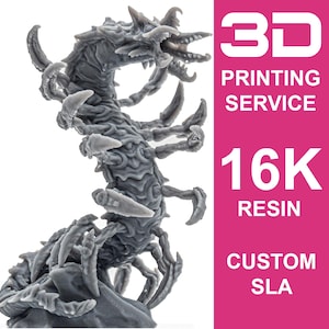May include: A grey 3D printed resin miniature of a multi-legged, segmented creature with a horned head and sharp claws. The image includes a pink sidebar with white text reading 3D PRINTING SERVICE, 16K RESIN, and CUSTOM SLA.