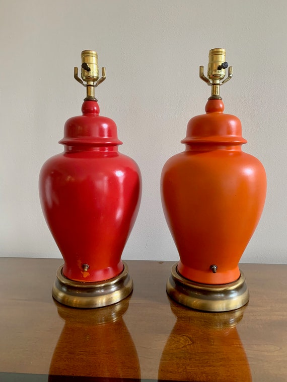 Pair of Midcentury Ginger Jar Lamps in Red and Orange Etsy