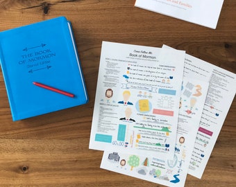 May include: A blue journal with the title "The Book of Mormon, Journal Edition" and a red pencil on top of it. Three pages of a "Come Follow Me" study guide for the Book of Mormon are spread out on a wooden table. The pages are filled with colorful illustrations and text.