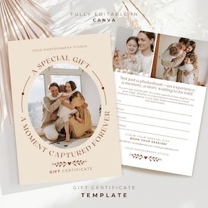 Photography Gift Certificate Template, Photoshoot Voucher, Photo Session Gift Card, Customizable 5x7 CANVA Template, Photographer Marketing