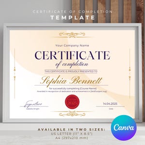 Modelo de Certificado de Conclusão Editável, Certificado Canva Dourado, Download Instantâneo, Modelo Personalizável Canva, Carta EUA e A4
