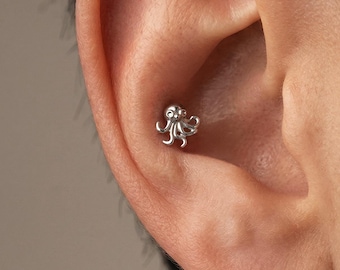 Unisex 16G/18G Octopus Titanium Flat Back Stud Earrings • Helix/Conch/Tragus Piercing • Cartilage Jewelry • Implant Grade Internally Thread