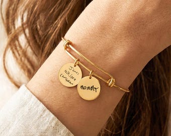 Regalo personalizado para mamá, pulsera con disco para escritura a mano, brazalete grabado a medida, regalo para niños con escritura a mano, recuerdo del Día de la Madre, joyería de plata.