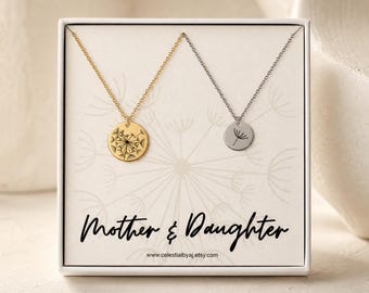 Mother Daughter Necklace Set, Mothers Day Jewelry, Dandelion Necklace, Gift for Mom from Daughter, Matching Engraved Sister Mother Gifts