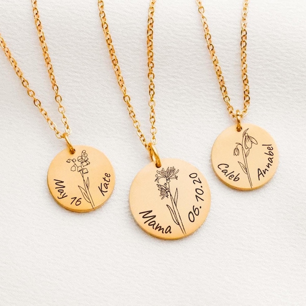 Collar con disco de flor de nacimiento, regalo para mujeres, mamá, día de la madre, tía, joyería de oro personalizada con nombres, regalos de cumpleaños para hermanas en Navidad